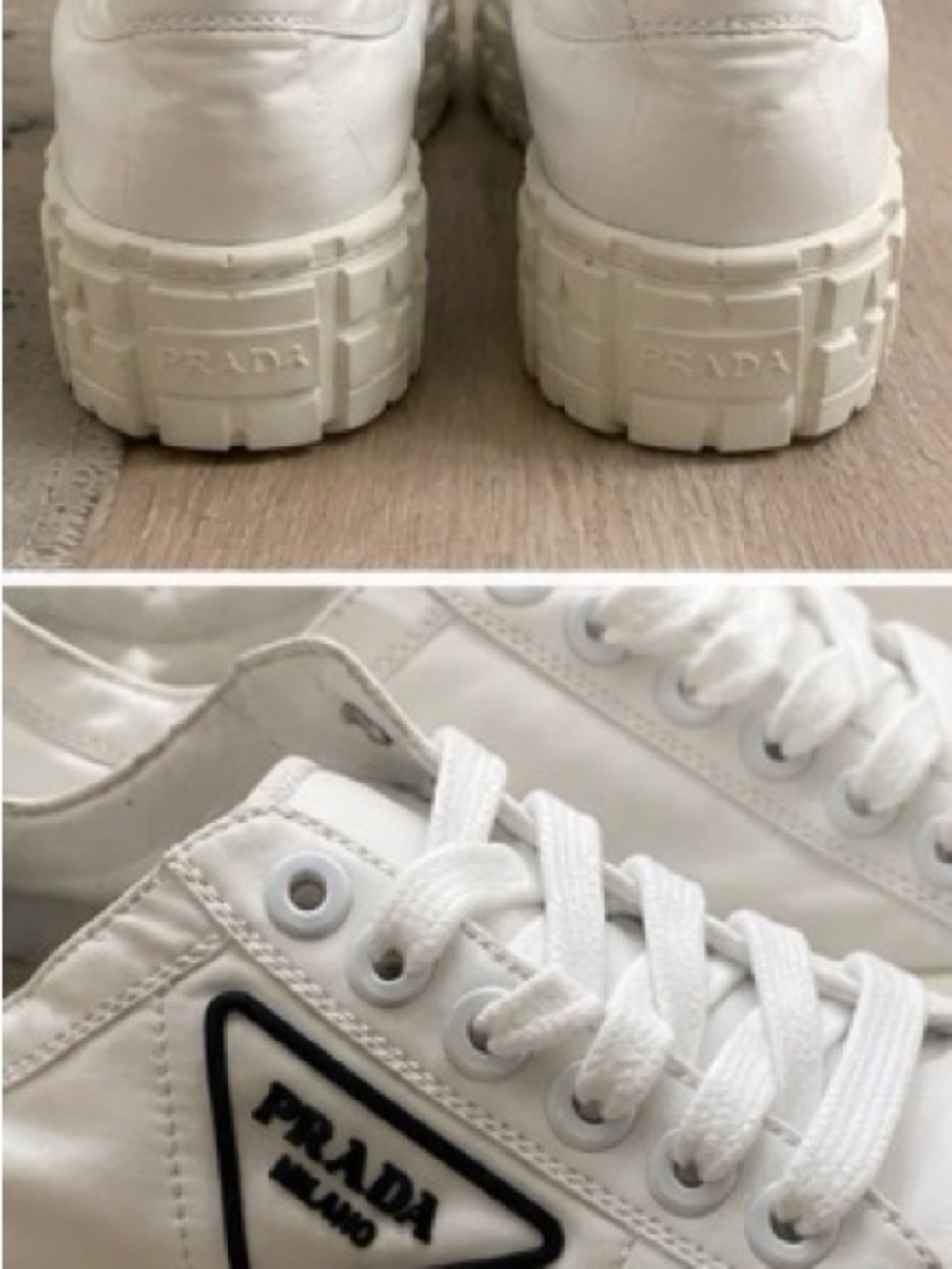Prada White Platform Low-Top Sneakers with Black Logo Trim - Picture 2 of 8